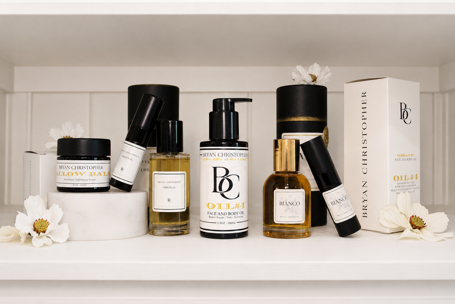 Luxury skincare and perfume bottles on shelf